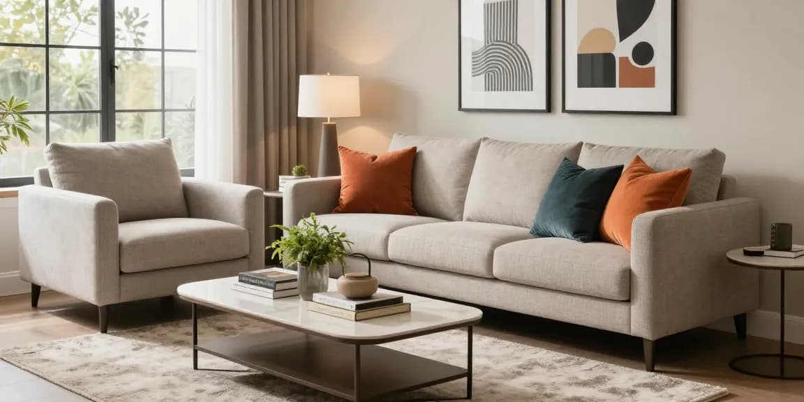 Modernes Wohnzimmer mit stilvollen Möbeln für möbel günstig kaufen und lebhaftem Dekor.