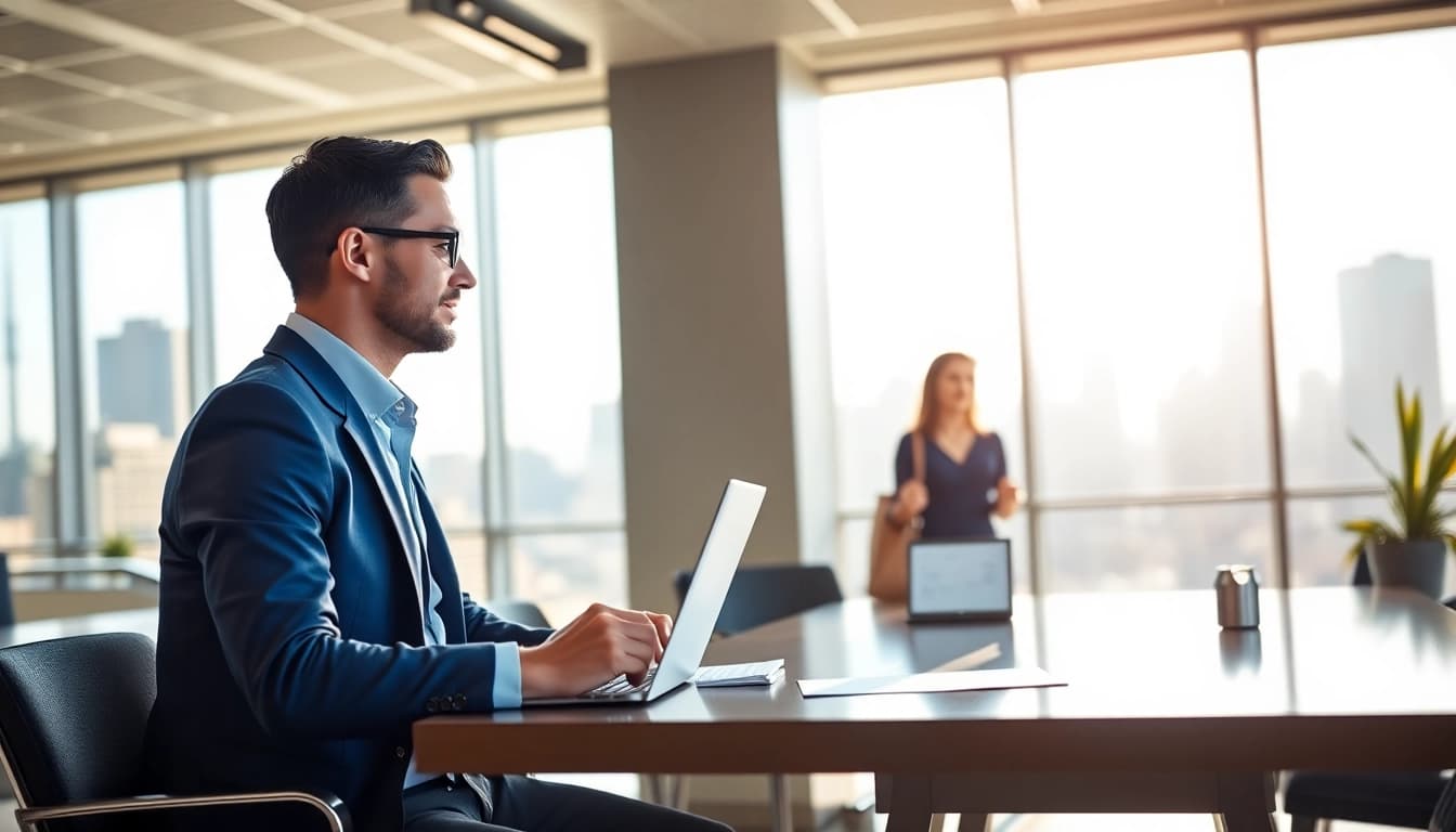 Headhunter Schweiz berät Kunden in einem modernen Büro mit Stadtblick.