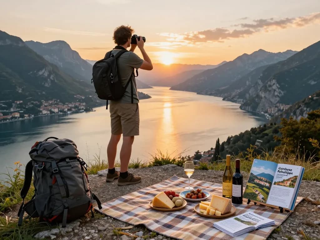 Gardasee Reisetipps: Malerischer Reisender, der den Gardasee bei Sonnenuntergang überblickt und die lokale Küche genießt.