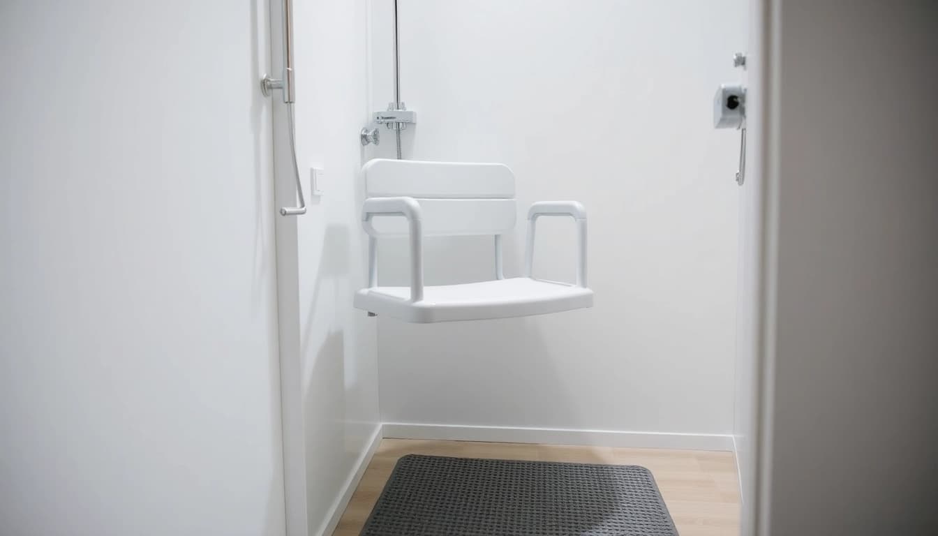 Klappbarer Duschsitz in einem modernen Badezimmer, der Sicherheit und Komfort für Benutzer bietet.