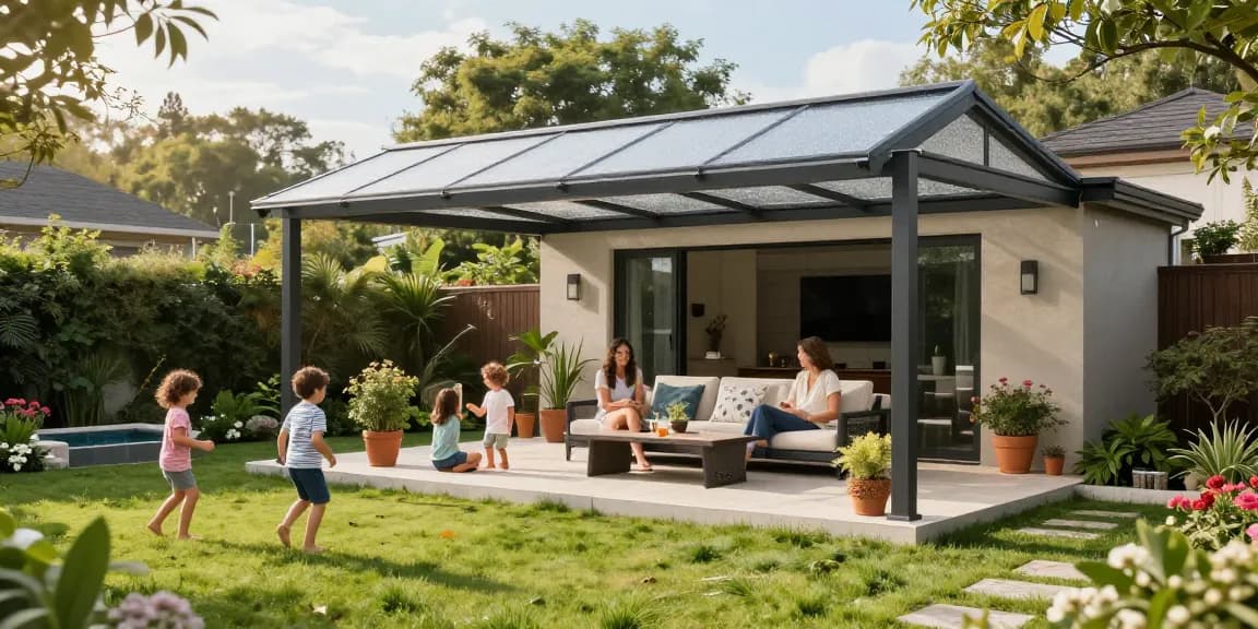 Moderne Terrassenüberdachung freistehend in einem einladenden Garten, perfekte Lösung für entspannte Familiennachmittage.