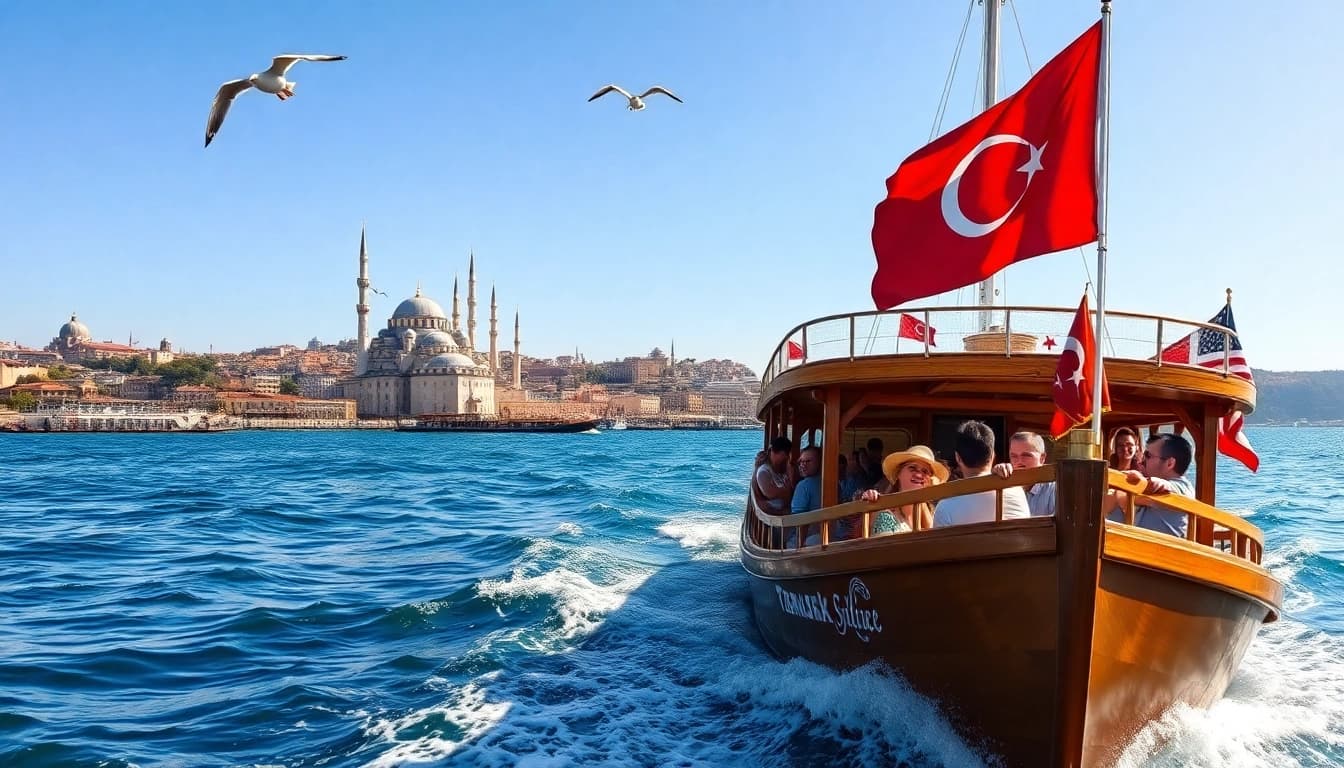 Genießen Sie Istanbul Bosphorus cruises auf einem traditionellen Boot mit majestätischen Stadtansichten.