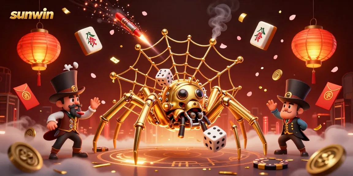 Experience the thrill of sunwin with a whimsical steampunk scene featuring a spider and dice.