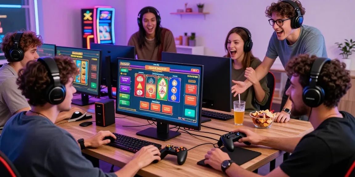 Engaging online gaming experience at https://gemwin.pics/, featuring friends enjoying casino games with vibrant visuals.