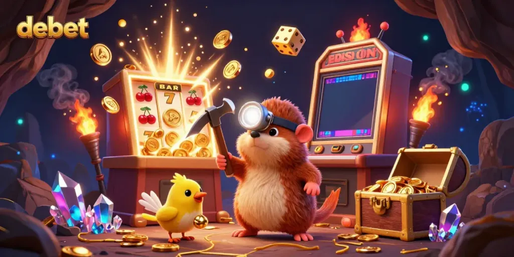 Experience the adventure of debet with a treasure hunter mole amidst casino excitement and gold!