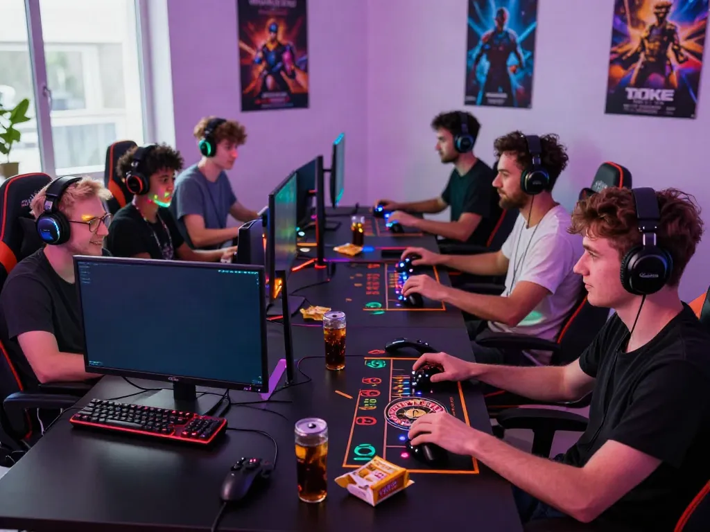 Engaged gamers at a high-tech setup playing various online games, showcasing the excitement of TA88 gaming.