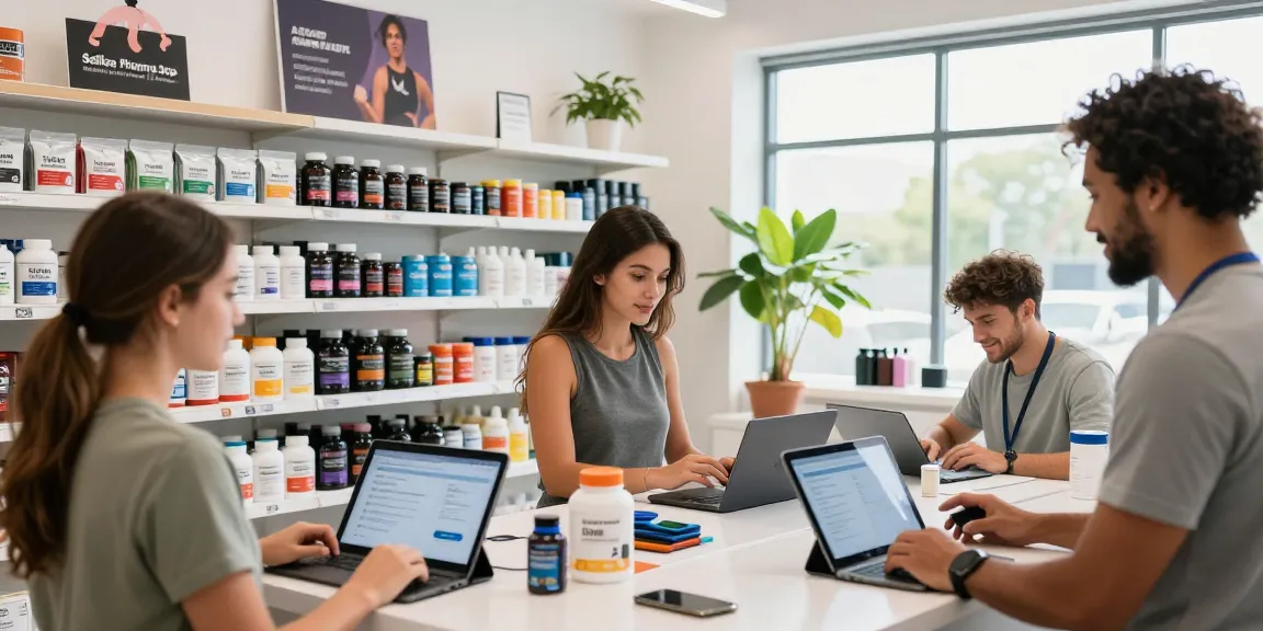 Besucher im Selliza Pharma Shop betrachten Produkte wie Steroide und Peptide in einem modernen E-Commerce-Geschäft.