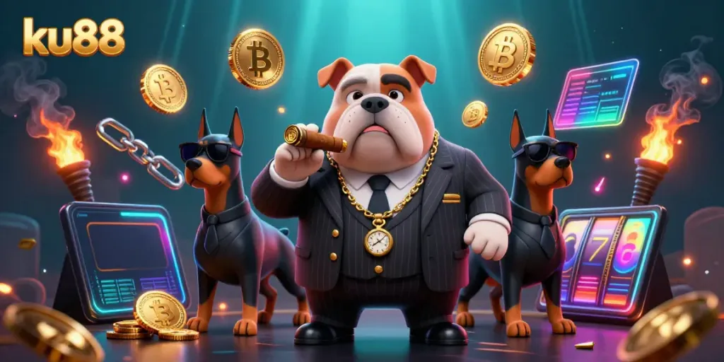 Engage in thrilling betting experiences with ku88, depicted by a mafia boss bulldog and bodyguard Dobermans.