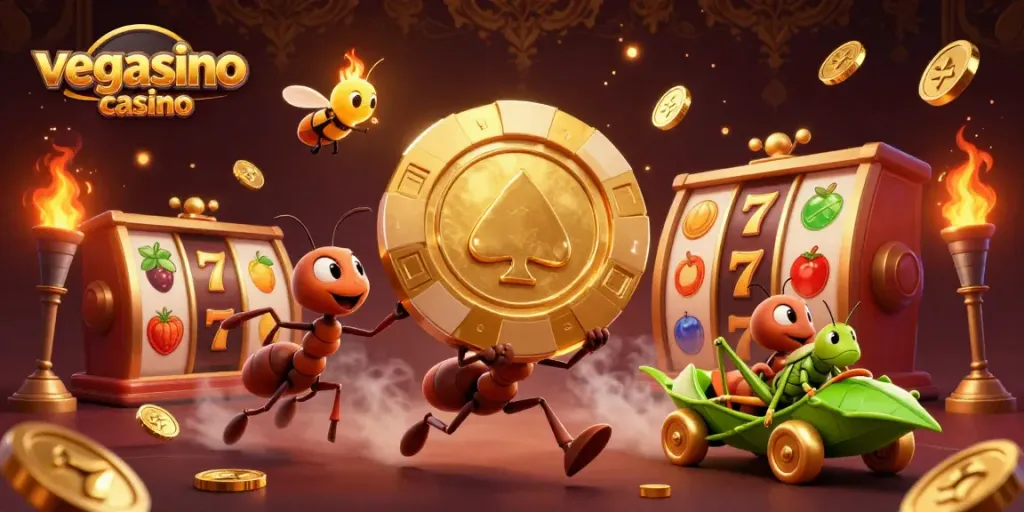 Experience the excitement of vegasino casino as vibrant characters engage in a thrilling heist with oversized poker chips.