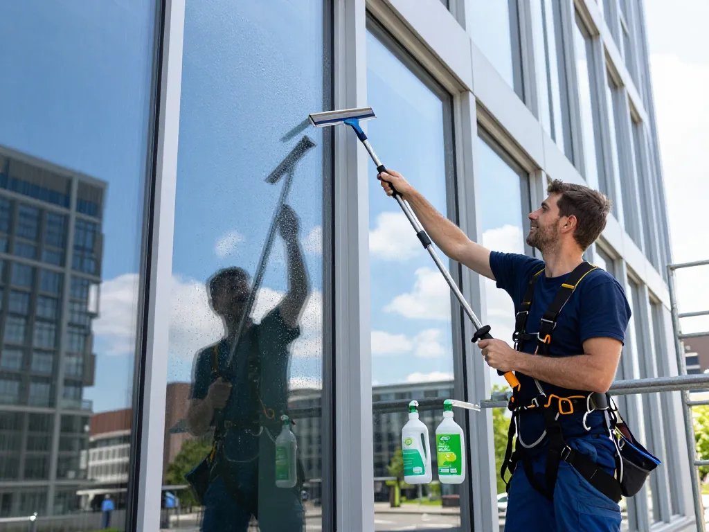 Professioneller Glasreiniger in Münster, der große Bürofenster mit umweltfreundlichen Lösungen reinigt.