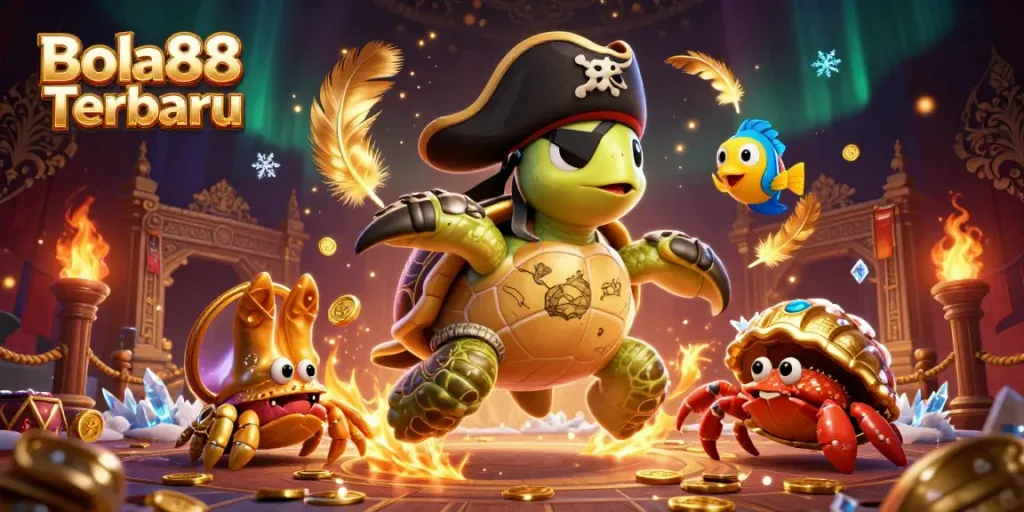 Experience thrilling moments with Bola88 Terbaru as a pirate turtle navigates a treasure-filled underwater scene.