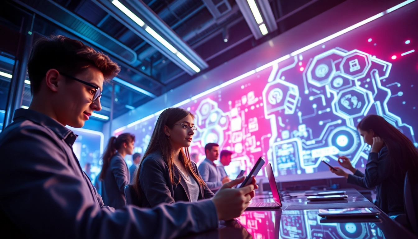 Dynamic AI technology scene for audiences ai 18+, showcasing young adults engaging with innovative tech in a modern workspace.