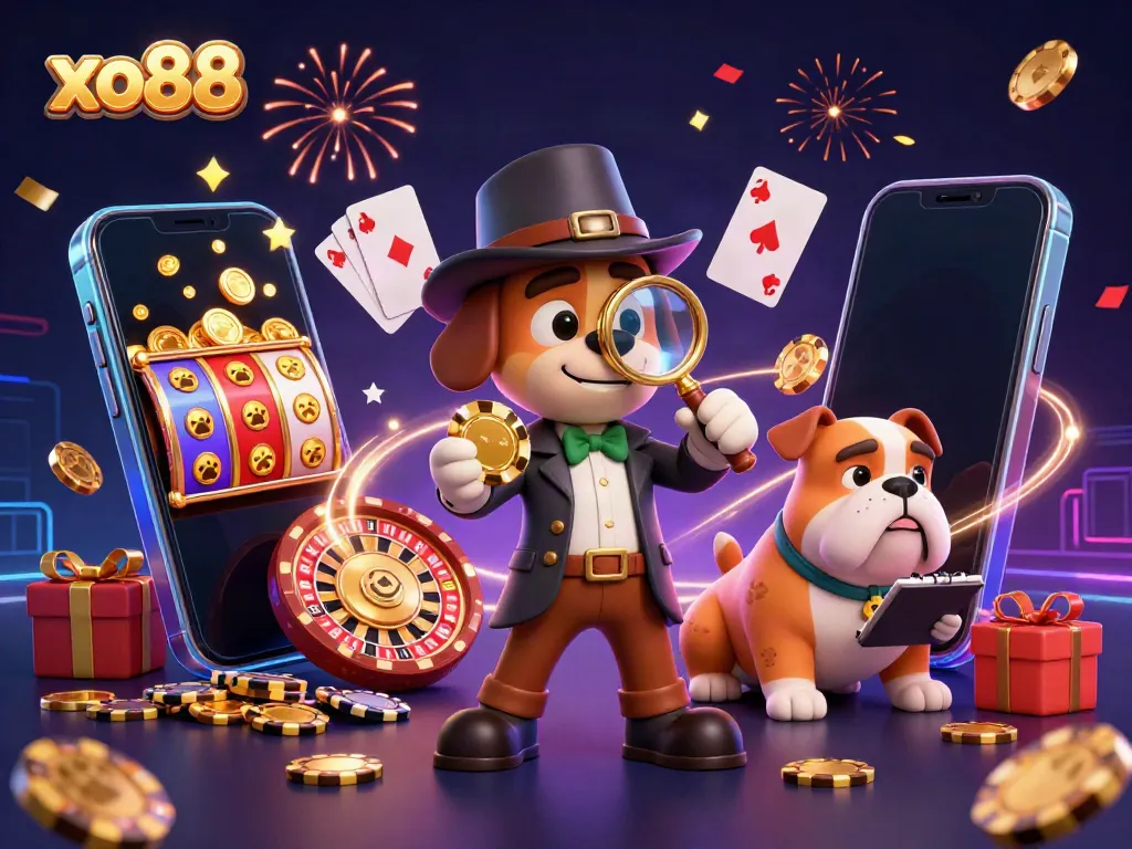 Experience excitement at xo88 with a cartoon detective and bulldog uncovering treasures amidst vibrant casino elements.