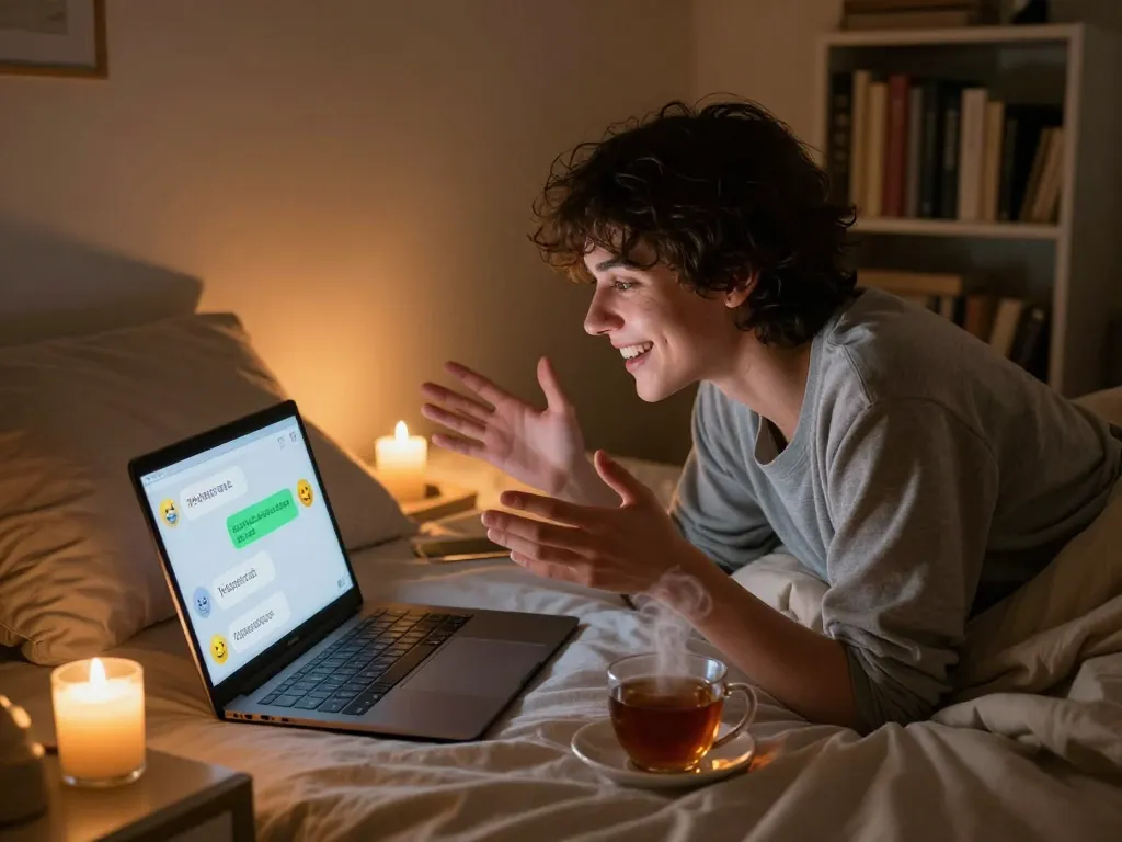 Engaging conversation with a lifelike nsfw chat bot in a cozy bedroom setting.
