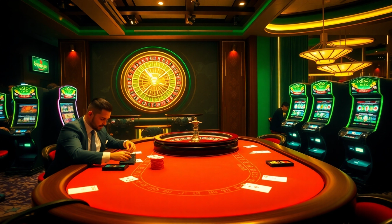 Engage with the thrilling U888 U88 casino atmosphere featuring a luxurious poker table and dynamic slot machines.