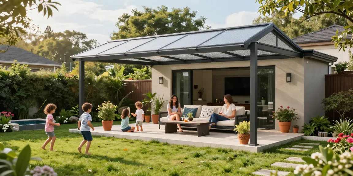 Moderne Terrassenüberdachung freistehend in einem einladenden Garten, perfekte Lösung für entspannte Familiennachmittage.