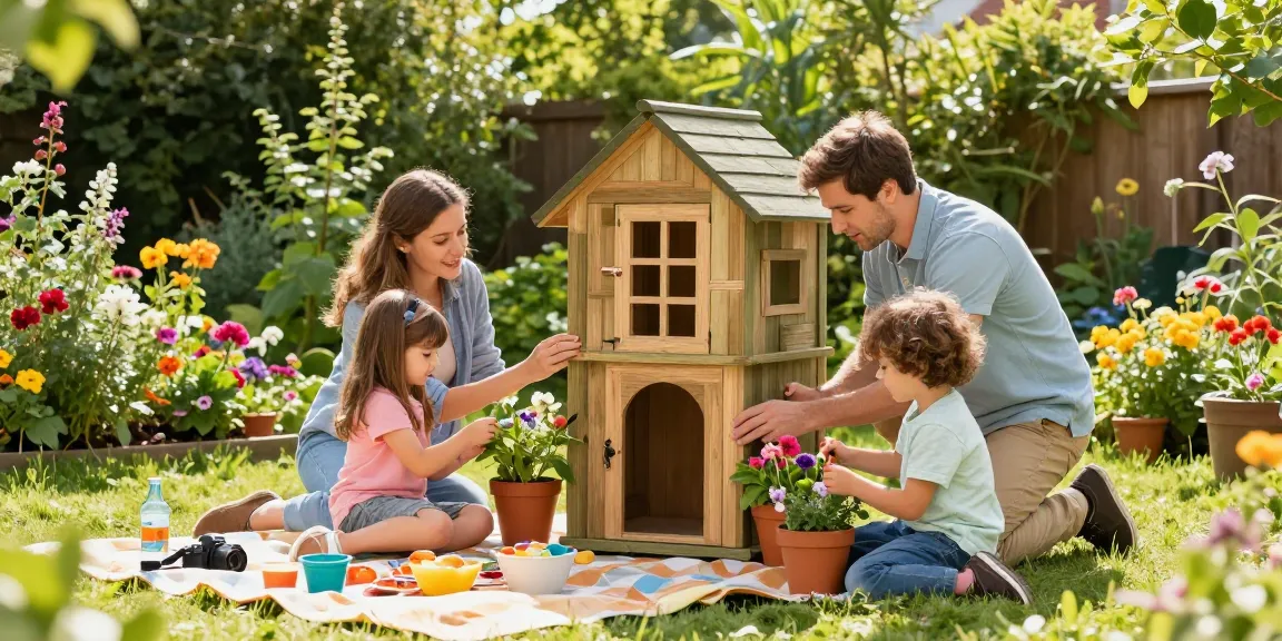 Familie genießt den Garten, während sie ein Gartenhaus kaufen und dekorieren.