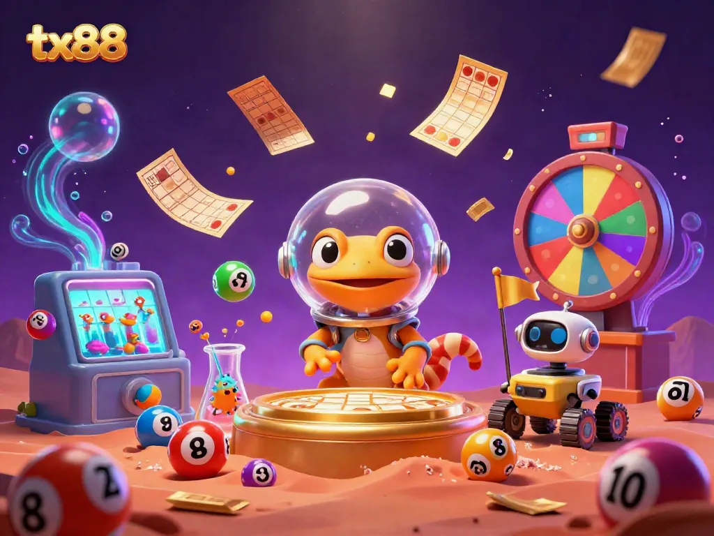 Experience tx88 with a Martian gecko discovering a hidden casino in a vibrant cosmic scene.