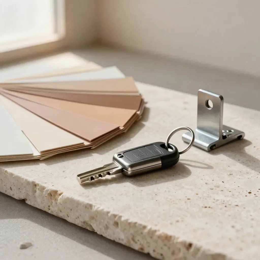 Renovations-Set mit Farbmustern, Autoschlüssel und Metallteil auf hellem Naturstein.