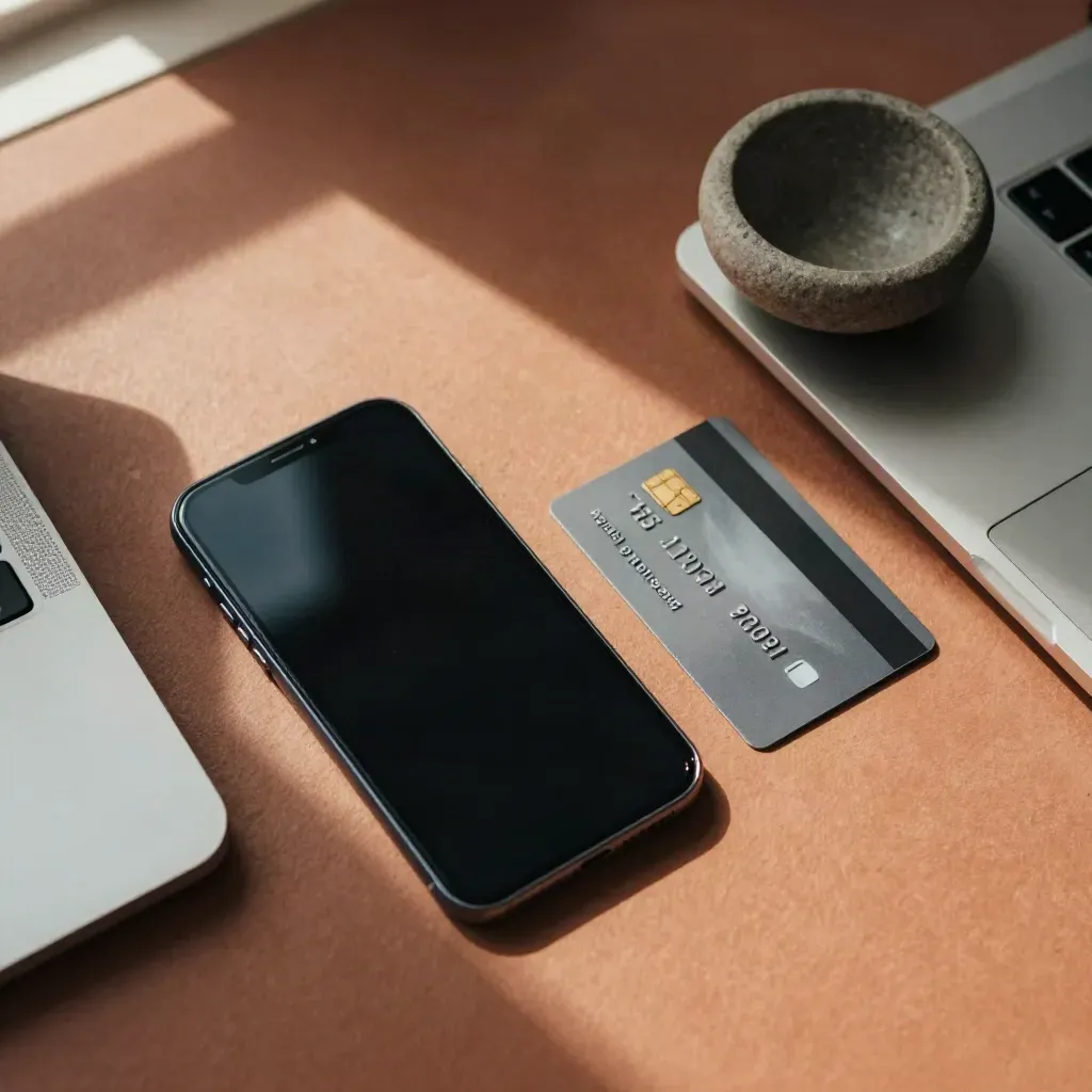 Draufsicht auf Smartphone, Bankkarte, Laptop und Steinschale auf warmem Terrakottagrund.