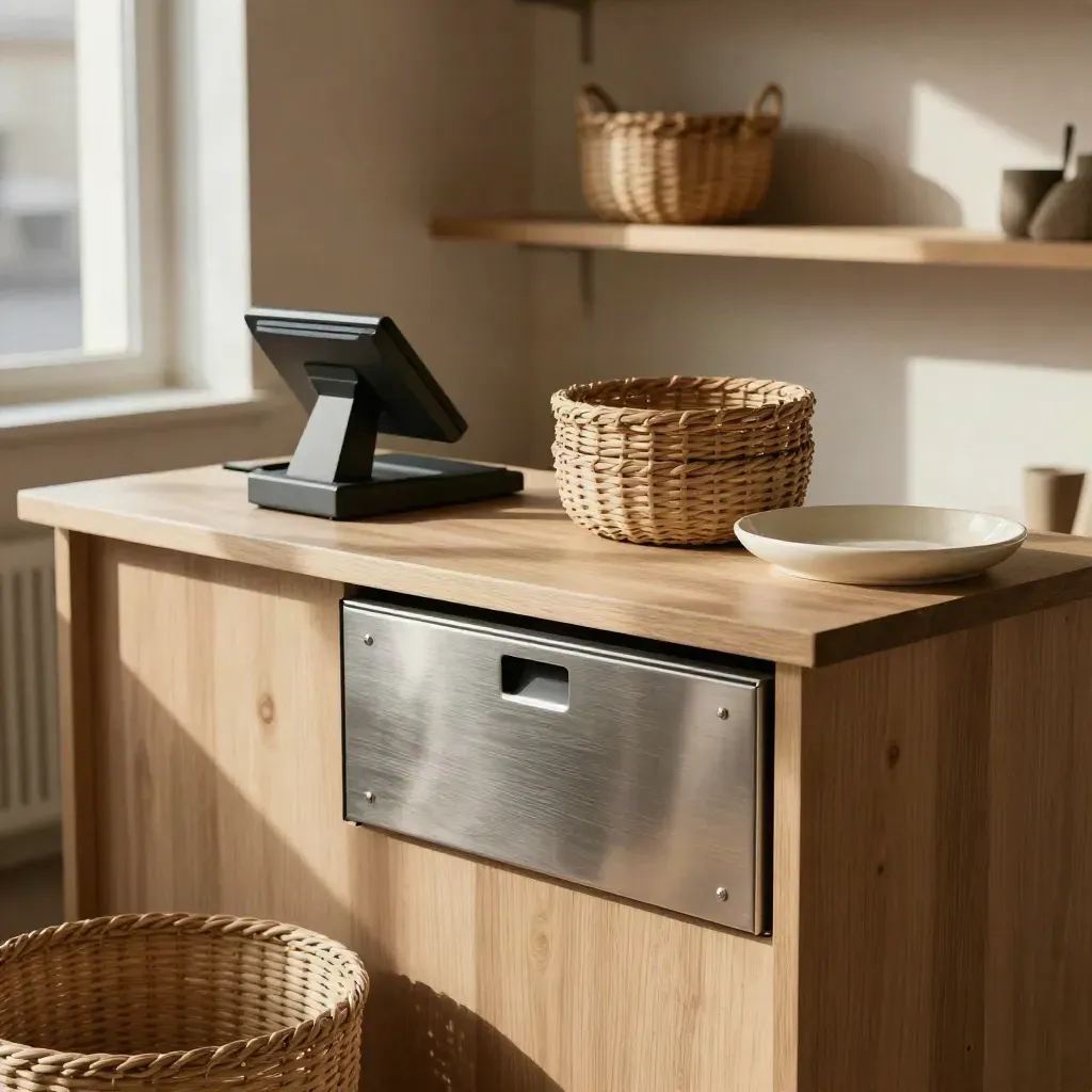 Kleine Ladenkasse mit Kartenstation und Körben auf heller Holztheke im Morgenlicht.