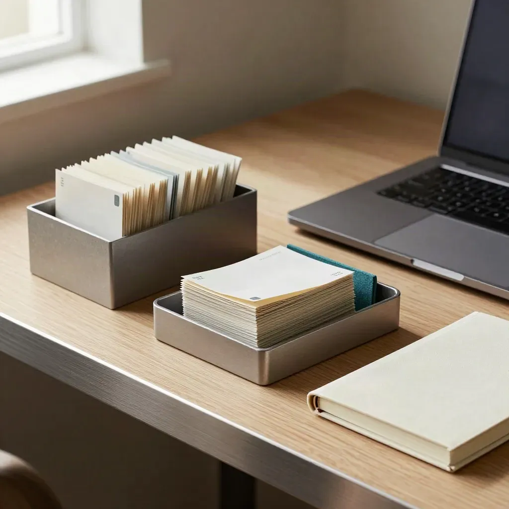 Von oben: sortierte Freelancer-Ablage mit zwei Fächern, geschlossenem Laptop und geschlossenem Notizbuch auf hellem Holz.