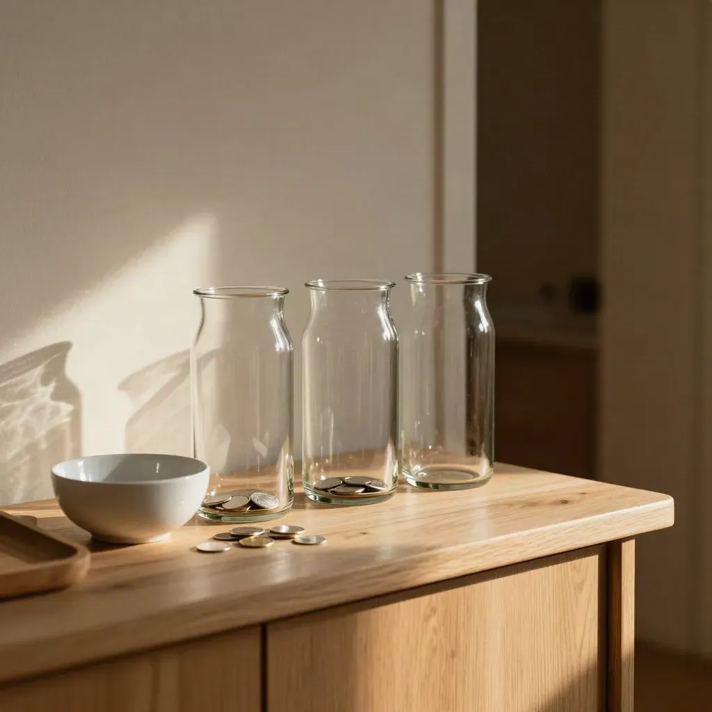 Drei Glasgefäße mit wachsenden Rücklagen auf Sideboard, daneben eine Keramikschale, warmes Licht.