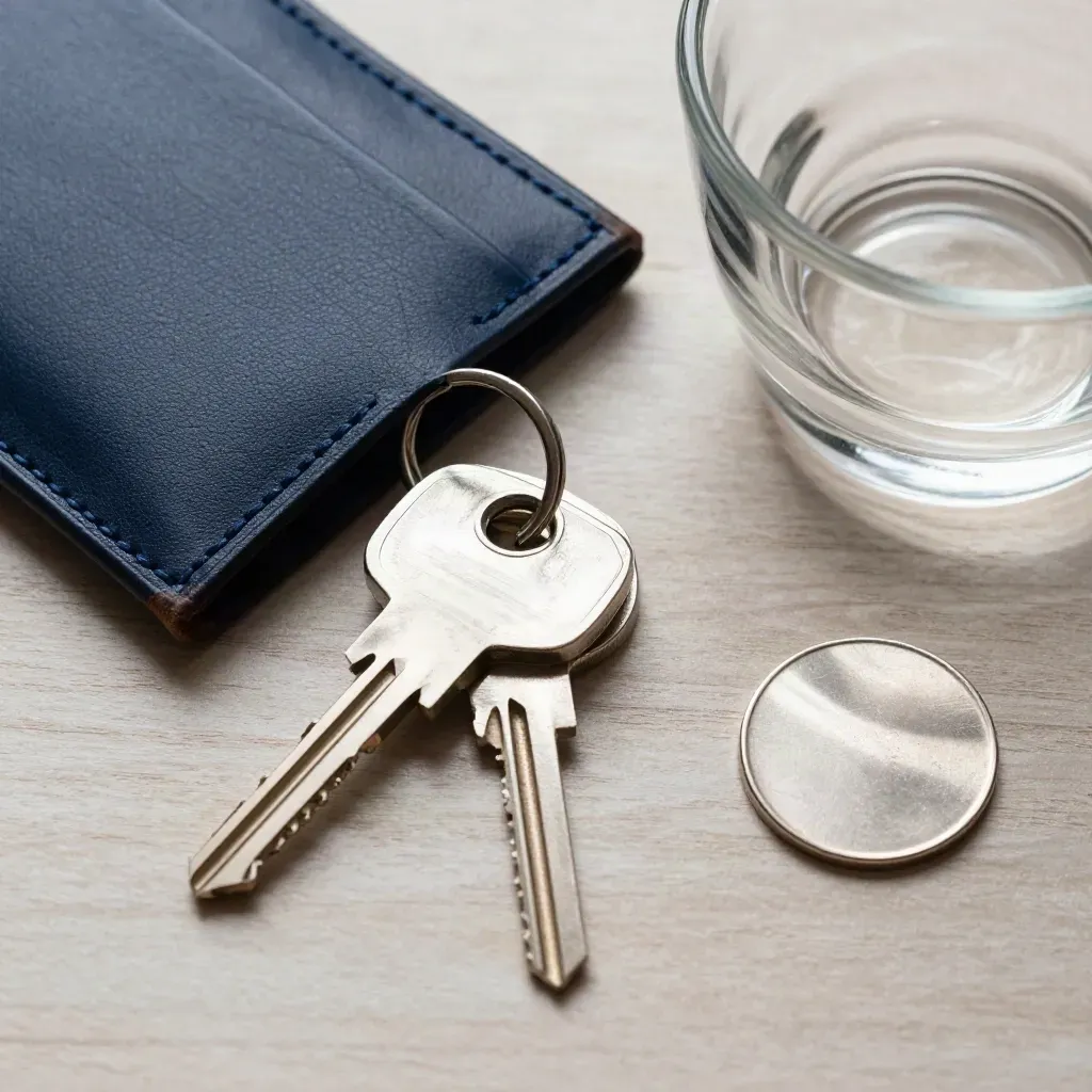 Kartenetui, Schlüsselbund, Glas-Schale und Metall-Token auf hellem Holz im Makro