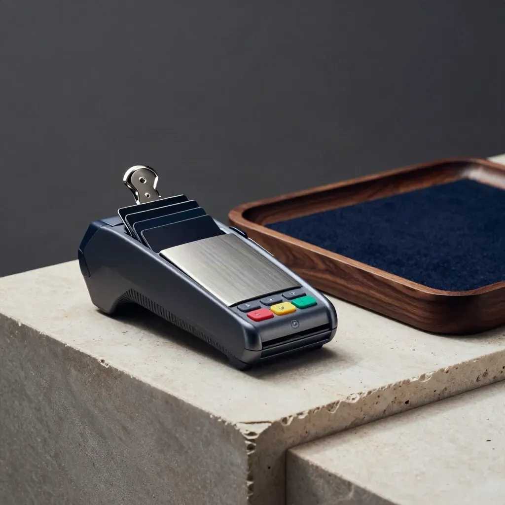 Kompaktes Banking-Set mit Kartenhalter, Zahlterminal und Metallclip auf Stein im dramatischen Licht