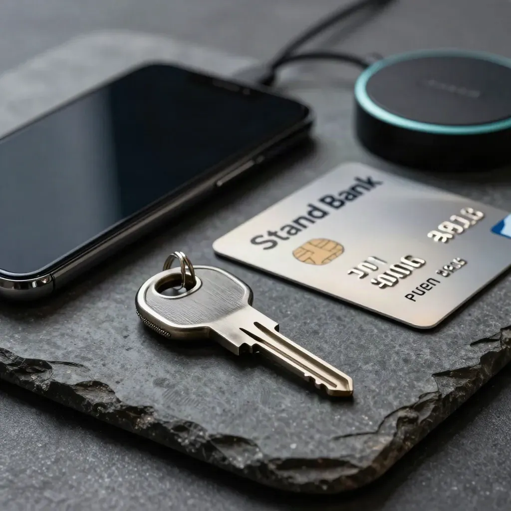 Sicherheits-Schlüssel, Smartphone, Karte und Ladepuck auf matter Steinfläche im Nahbild