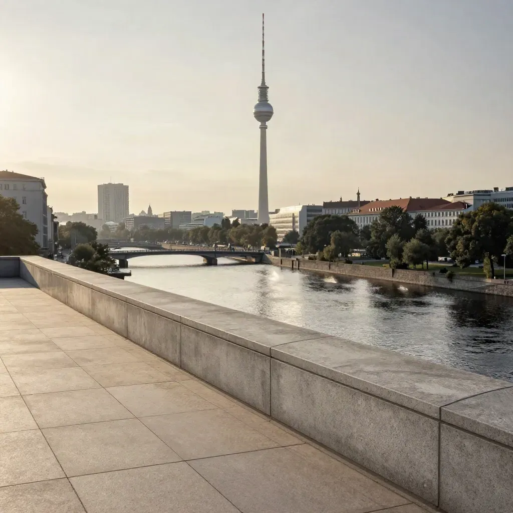 Berliner Skyline mit Fernsehturm über der Spree im warmen Dunst