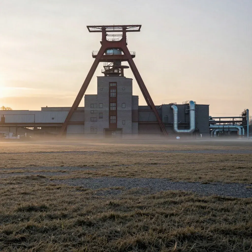 Zeche Zollverein im Ruhrgebiet im ersten Dämmerlicht mit Nebel über ruhigen Industrieflächen