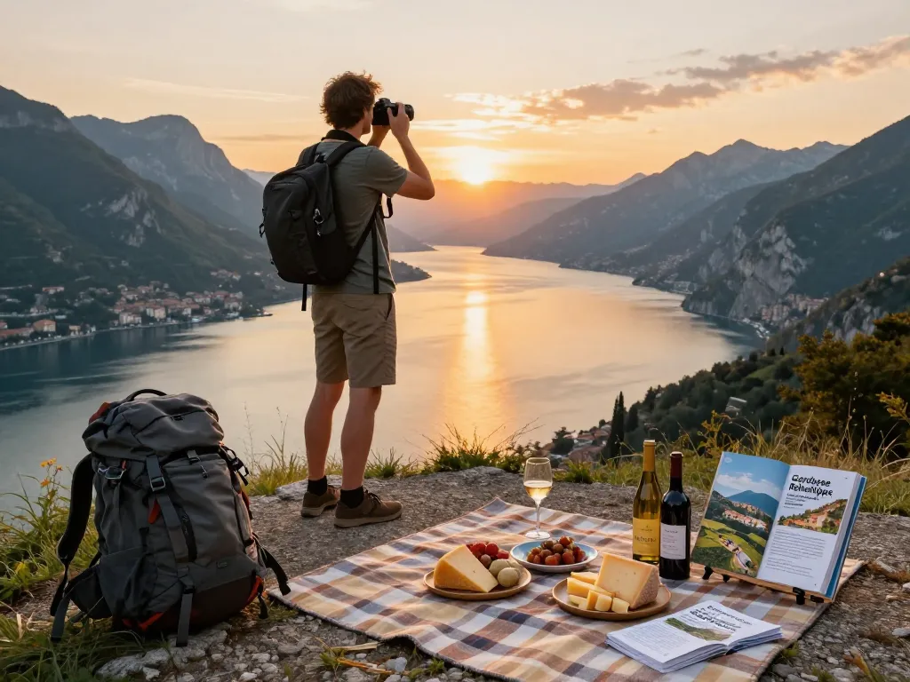 Gardasee Reisetipps: Malerischer Reisender, der den Gardasee bei Sonnenuntergang überblickt und die lokale Küche genießt.