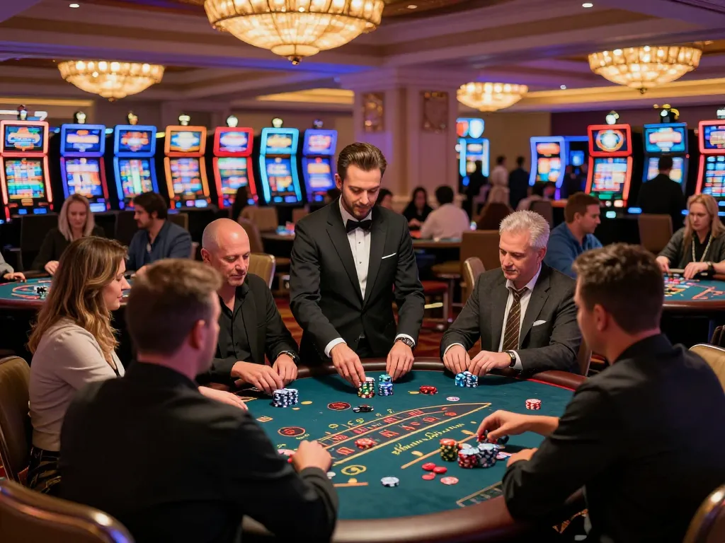 Nohu players strategizing at a vibrant casino table, showcasing excitement in a lively Las Vegas gaming floor