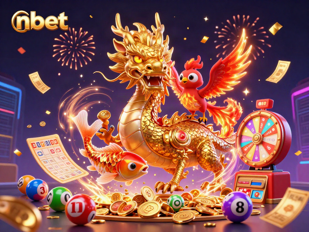 Experience nbet's thrilling action with a colorful scene of a dragon, phoenix, and koi fish amidst a dynamic casino illustration.