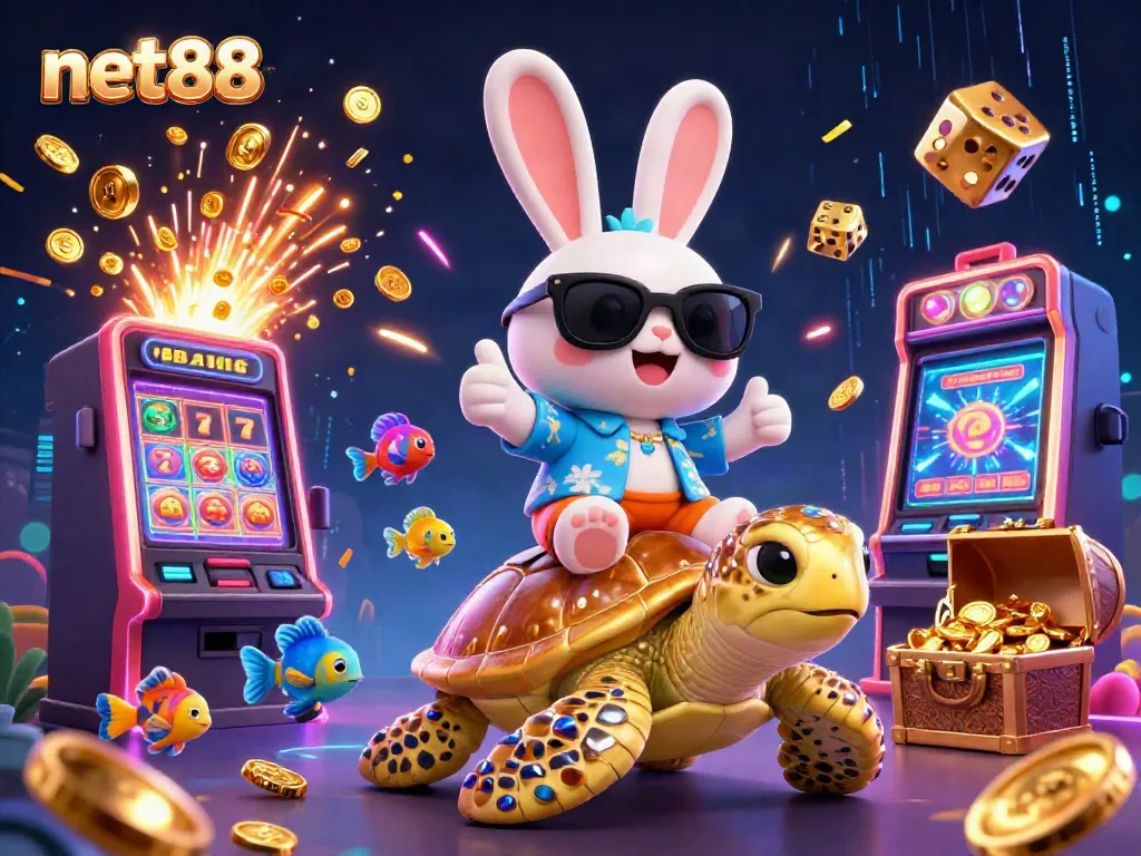 Experience thrilling jackpots with net88 in a vibrant casino setting featuring a lucky rabbit and golden turtle.