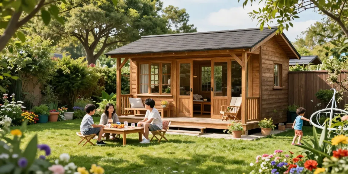 Gartenhaus in einem wunderschönen Garten mit spielenden Kindern und entspannten Eltern.
