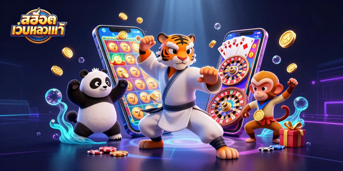 Experience สล็อตเว็บตรงแท้ with a dynamic scene showcasing a kung fu tiger master and engaging slot games.