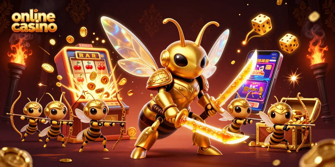 Experience the excitement of an online casino with a golden hornet warrior and dynamic slot machine action.