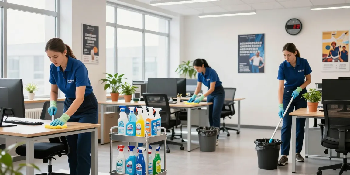 Professional cleaning team engaged in office cleaning, showcasing their reliable reinigungsdienst bern.