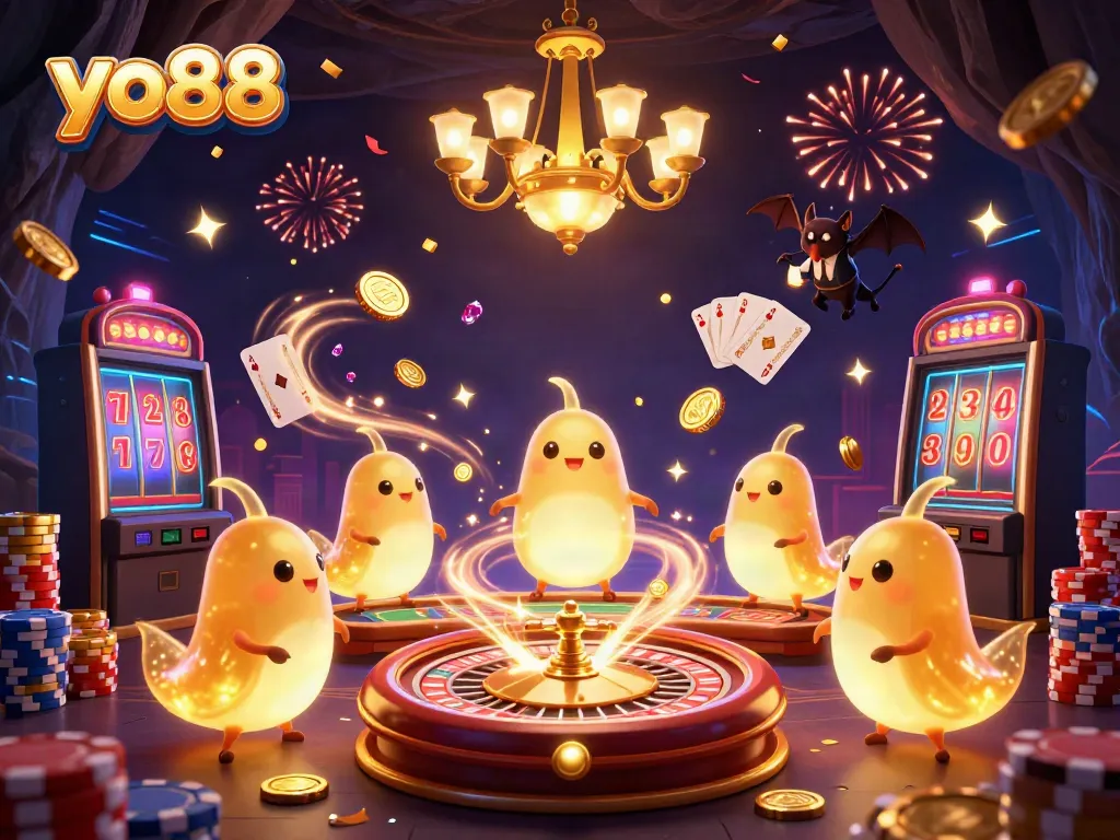 Join the excitement at yo88, where glowing characters illuminate a vibrant casino scene filled with treasures.