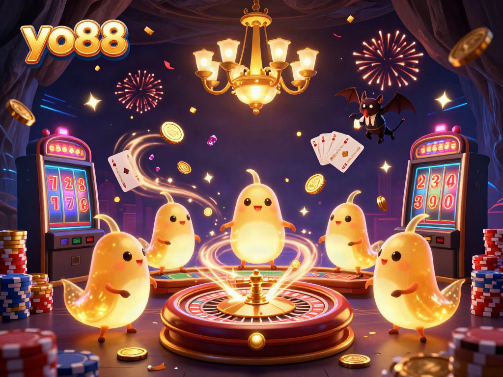 Join the excitement at yo88, where glowing characters illuminate a vibrant casino scene filled with treasures.