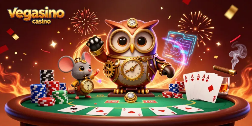 Experience thrill and excitement with vegasino casino as animated characters play dynamic poker in a vibrant scene.