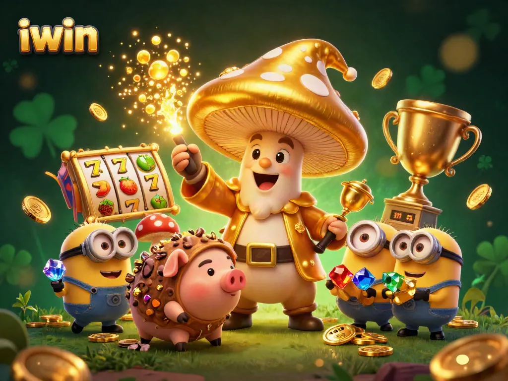 iwin casino illustration showcasing a golden mushroom wizard, slot reels, and rich magical elements.