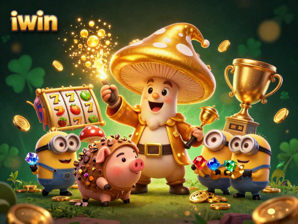 iwin casino illustration showcasing a golden mushroom wizard, slot reels, and rich magical elements.