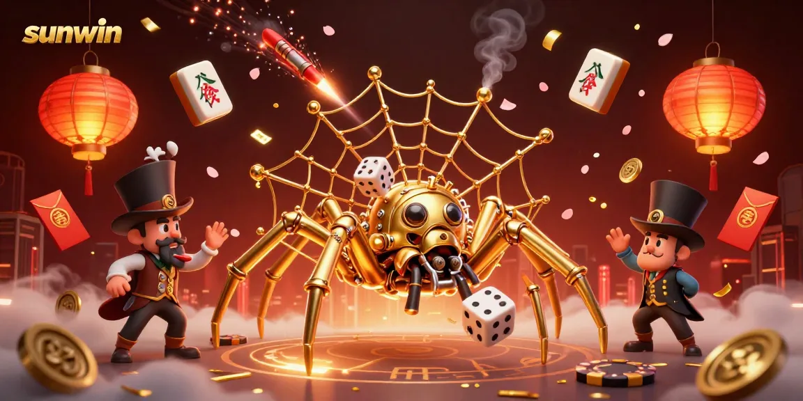 Experience the thrill of sunwin with a whimsical steampunk scene featuring a spider and dice.