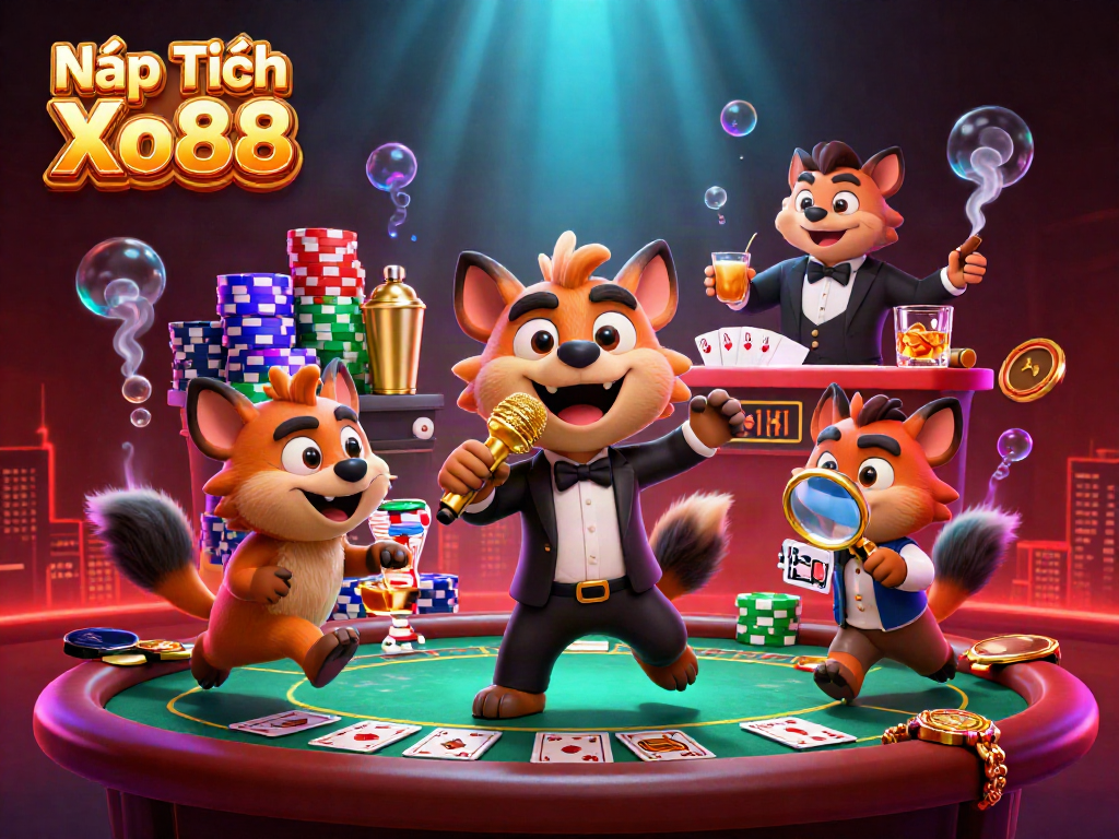 Nạp Tiền Xo88 hyenas in a vibrant casino scene, showcasing a stand-up comedian, bartender, and bouncer.