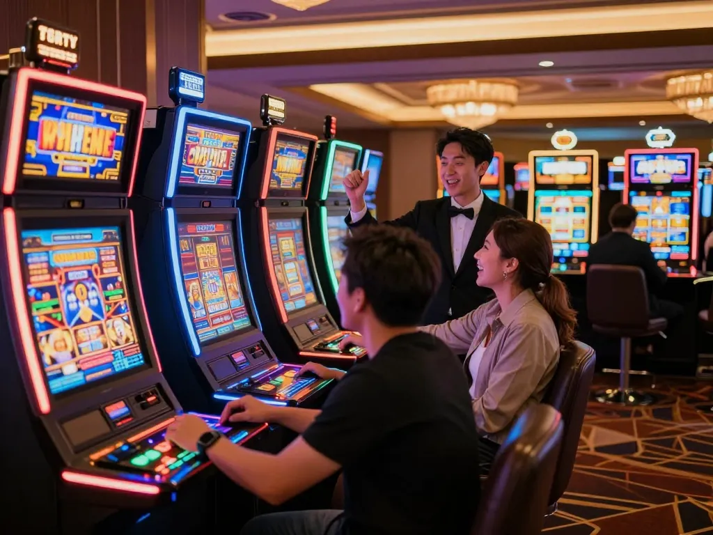 cm88 players enjoying vibrant slot machines with exciting jackpots in a luxurious casino.