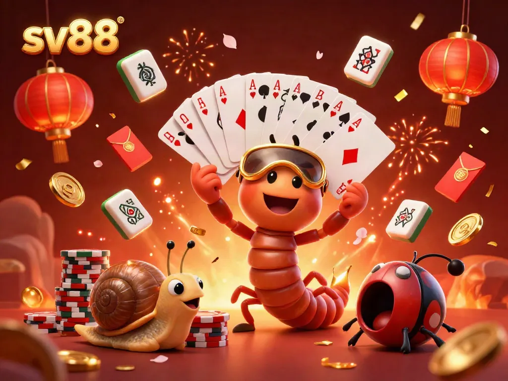 Engaging sv88 casino scene with a millipede dealer showcasing cards and a snail pushing chips
