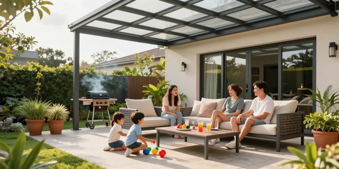 Moderne Terrassenüberdachung mit einer Familie im Garten, die eine sonnige Nachmittagsatmosphäre genießt.
